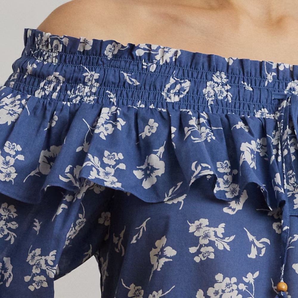 Ralph Lauren Blue Floral Off-Shoulder Blouse - Picture 4 of 10